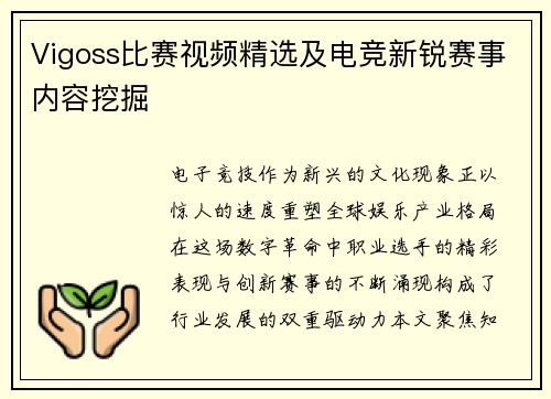 Vigoss比赛视频精选及电竞新锐赛事内容挖掘
