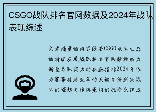 CSGO战队排名官网数据及2024年战队表现综述
